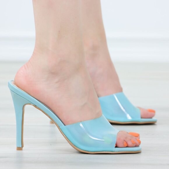 High Heel Sandals Square Open Toe Slip On Mules Stiletto's Clear Blue - Picture 1 of 11